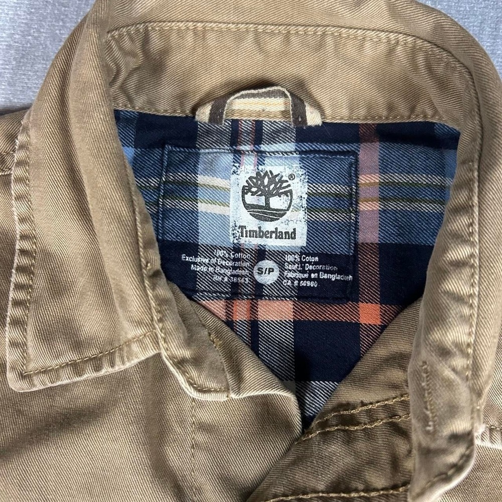 Timberland Mens Brown Twill Flannel Lined Shirt Jacket Workwear Small Pockets - Picture 3 of 6